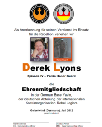 Eherenmitglied 2012 Derek Lyons Urkunde