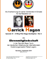 Ehrenmitglied 2011 Garrick Hagon Urkunde