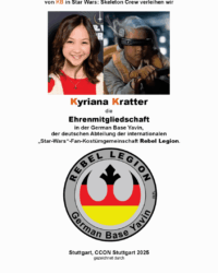 Ehrenurkunde für Kyriana Kratter für Ihre Rolle als KB in der Star Wars Serie Skeleton Crew